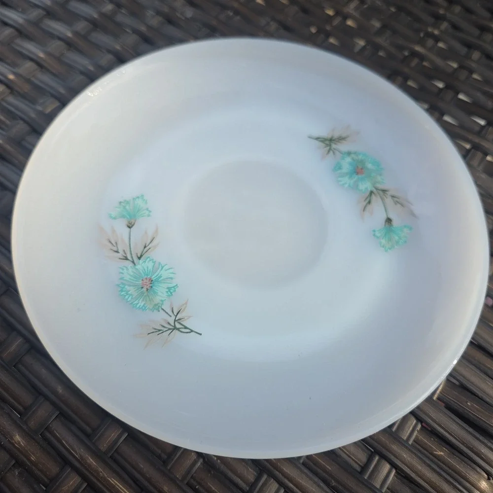 Vintage Fire King Bonnie Blue Carnation Flowers Saucers Milk Glass